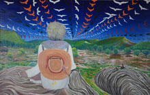 Marcial Camilo Ayala, Mexico, Old Man Looking Back, 1979, oil on board, 33 x 52 inches, Thompson Collection