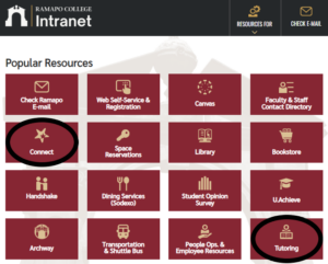 Image of 69ɫƵ Intranet Homepage with the Connect and Tutoring buttons circled.